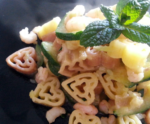 Cuori con zucchine e gamberetti alla menta